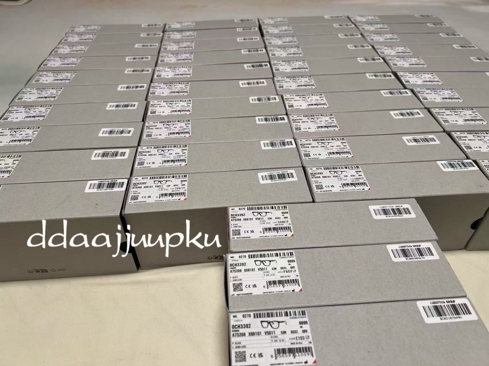 A wholesale eyewear order arranged in rows of product boxes